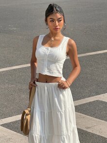 SHEIN EZwear 女款休閒熱帶風純色蕾絲飾邊百搭夏季兩件套，白色，適合海灘度假 - 白色 - 查看 6