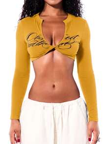 SUMWON WOMEN Long Sleeve Deep V-Neck Twist Front Crop Top With Cursive Script Print Festival Party Spring Summer Night Out - Yellow - View 5