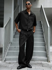 PAVTROS Men's Casual Loose Fit Solid Color Drop Shoulder Shirt And Pants Set, Suitable For Spring, Summer And Autumn, Ceremony - Black - View 5
