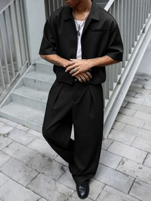 PAVTROS Men's Casual Loose Fit Solid Color Drop Shoulder Shirt And Pants Set, Suitable For Spring, Summer And Autumn, Ceremony - Black - View 3