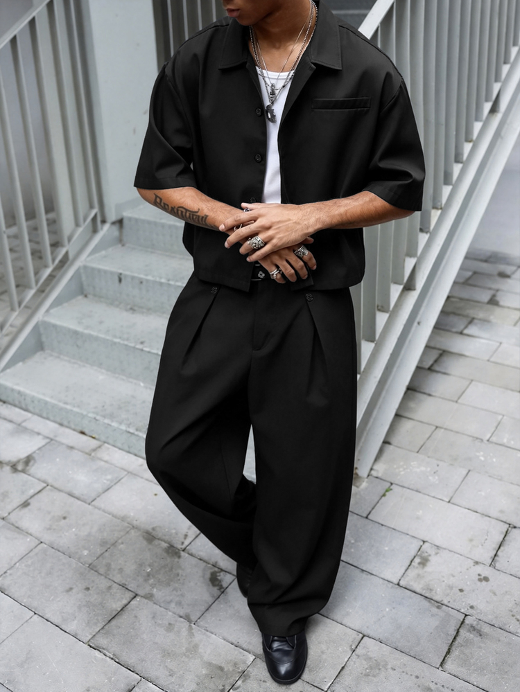 PAVTROS Men's Casual Loose Fit Solid Color Drop Shoulder Shirt And Pants Set, Suitable For Spring, Summer And Autumn, Ceremony - Black - View 3
