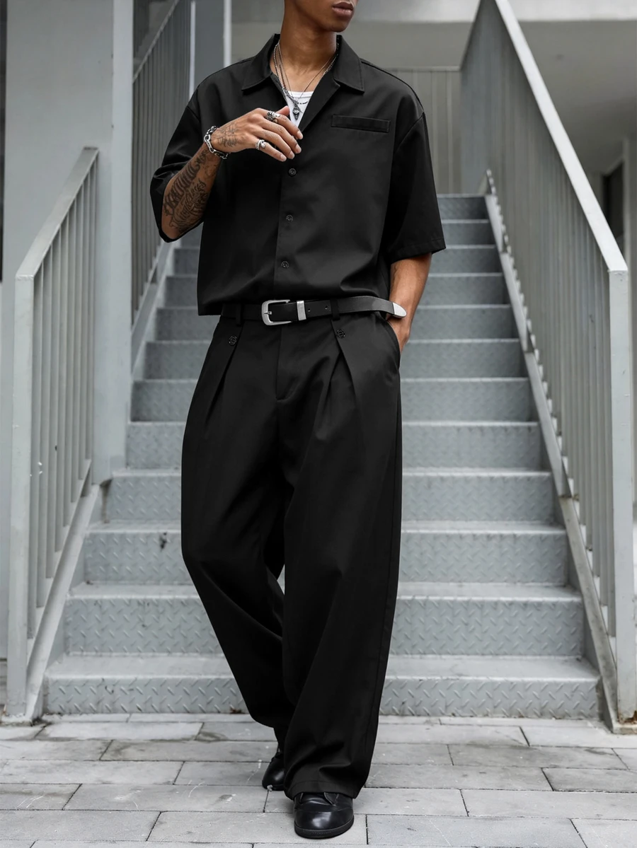 PAVTROS Men's Casual Loose Fit Solid Color Drop Shoulder Shirt And Pants Set, Suitable For Spring, Summer And Autumn, Ceremony - Black - View 1