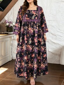 Al Najma Random Floral Print Loose Long Skirt Comfortable Fashion Versatile Daily Plus Size Women's Arabian Dress - Multicolor - View 5