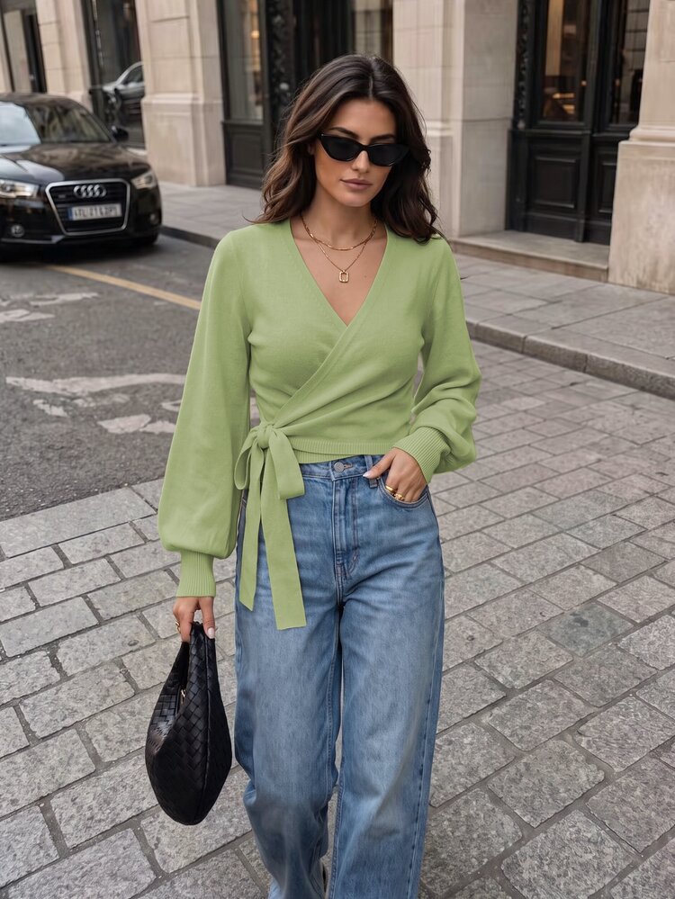 Elafinee Floral Coffee Wrap-Style Cropped Cross V-Neck Tie Waist Long Sleeve Puff Sleeve Leg-Of-Mutton Sleeve Casual Elegant Women's Sweater - Mint Green - View 7