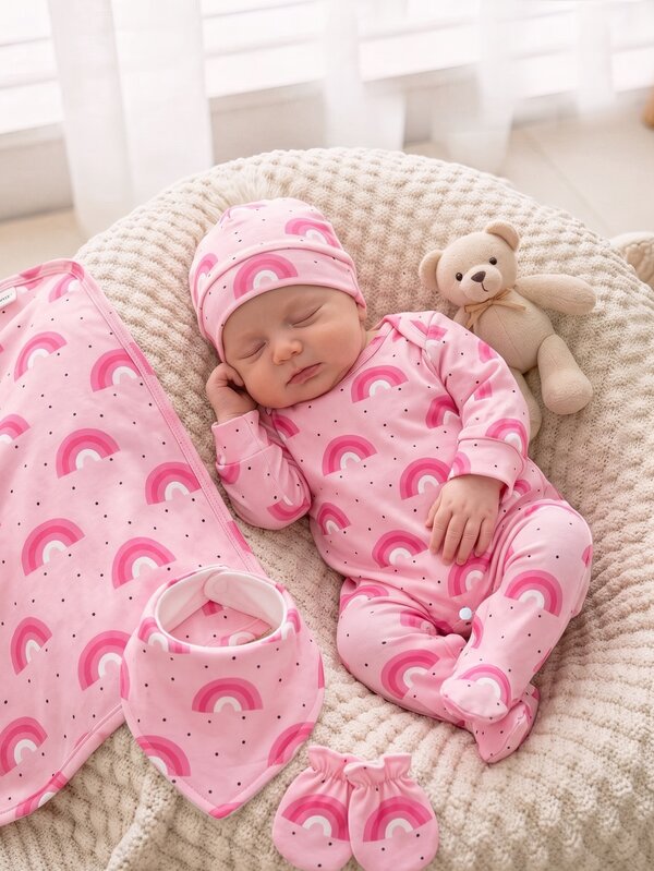 SHEIN Vintaside Kids 新生女嬰獨角獸可愛印花 3 件套長袖連身衣居家服 彩虹波點 秋冬款 待產回家睡衣