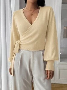 Elafinee 花卉咖啡色圍繞式短款交叉V領綁腰長袖羊腿袖休閒優雅女款針織衫 - 杏色 - 查看 3
