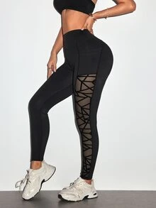 Dewbera Dewbera Women's Mesh Patchwork Pocket Casual Daily Travel Sports Tight Leggings - Black - View 2