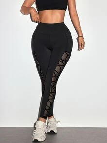 Dewbera Dewbera Women's Mesh Patchwork Pocket Casual Daily Travel Sports Tight Leggings - Black - View 7