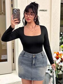 Muchica Bodysuit Wanita Ukuran Besar Warna Polos Leher Persegi Potongan Ramping Serbaguna Kasual Seksi Lengan Panjang untuk Pergi Keluar Liburan Formal Hitam Musim Panas - Hitam - View 4
