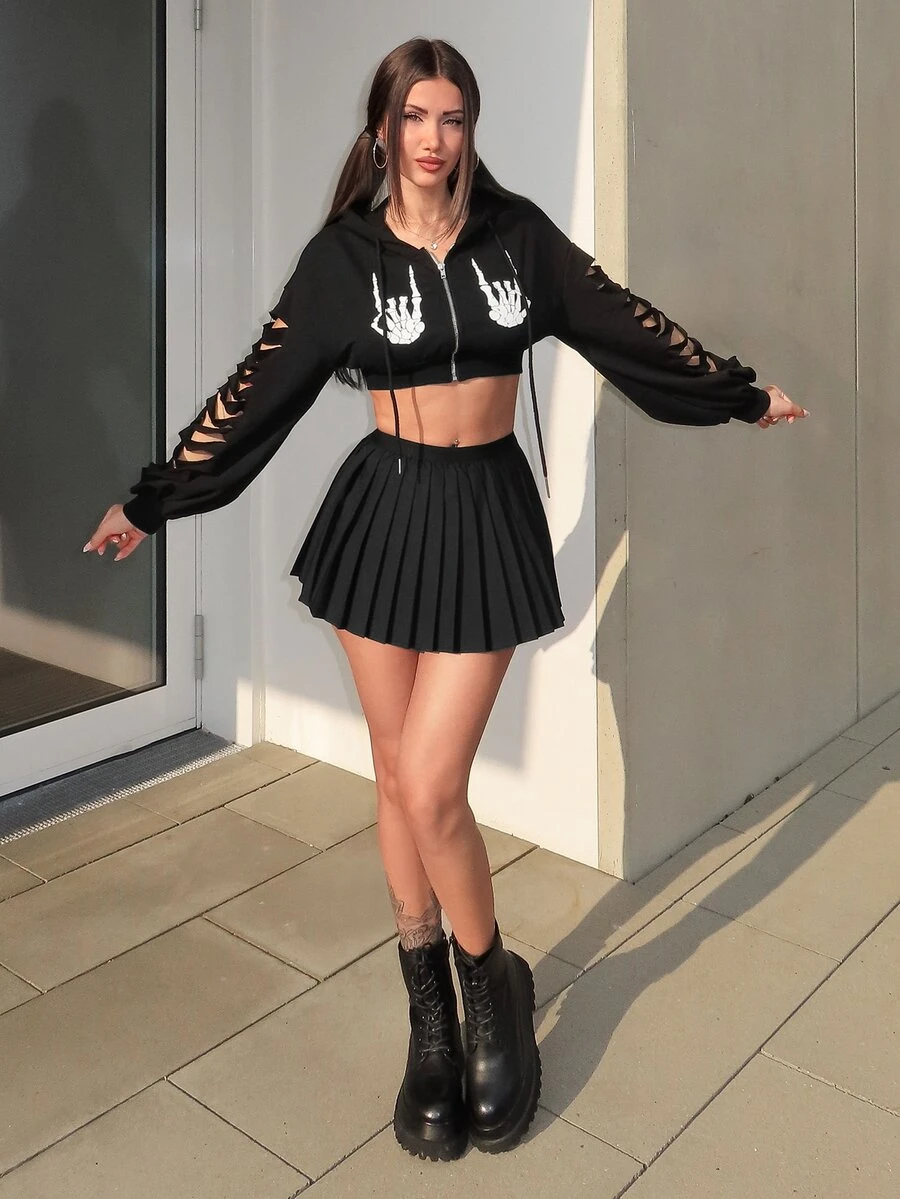 PUNK ROMWE X Sherin Wanli Skeleton Print Drop Shoulder Drawstring Hoodie, School,Long Sleeve Tops - Black - View 1