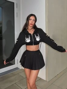 PUNK ROMWE X Sherin Wanli Skeleton Print Drop Shoulder Drawstring Hoodie, School,Long Sleeve Tops - Black - View 1