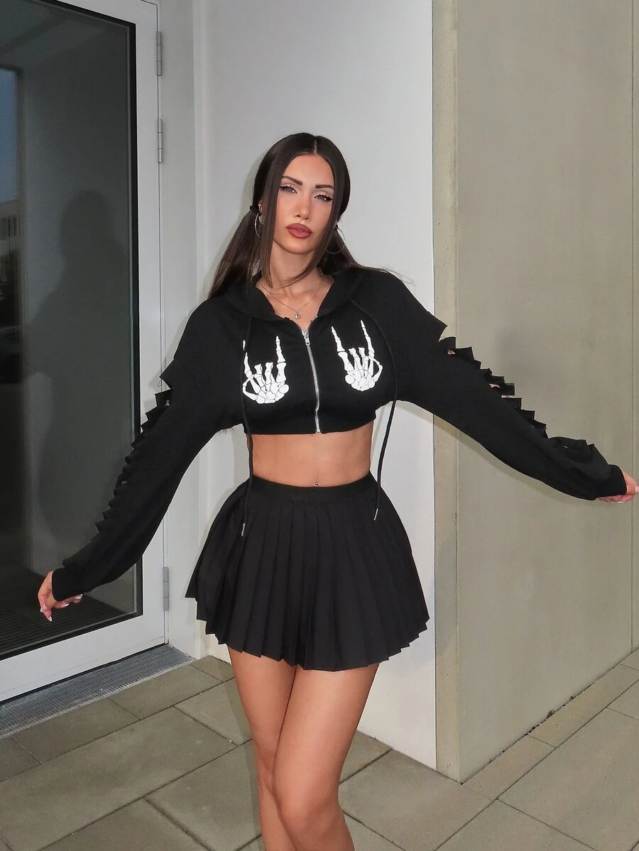 PUNK ROMWE X Sherin Wanli Skeleton Print Drop Shoulder Drawstring Hoodie, School,Long Sleeve Tops - Black - View 1