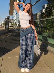 Street Life ROMWE X Sherin Wanli 女款復古龐克街頭風拼接綁帶牛仔長褲 - 藍色 - 查看 5