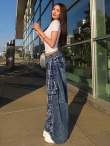 Street Life ROMWE X Sherin Wanli 女款復古龐克街頭風拼接綁帶牛仔長褲 - 藍色 - 查看 1