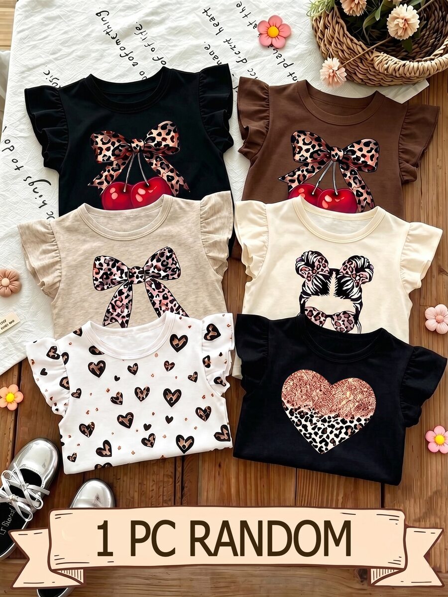 Souflis Souflis 1pc Random, Girls' Summer Sweet Flutter Sleeve T-Shirt Blind Box, Multi-Color Leopard Print Soft Summer Top - Multicolor - View 1