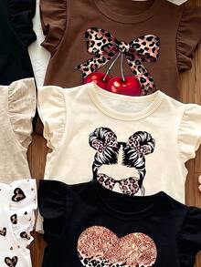 Souflis Souflis 1pc Random, Girls' Summer Sweet Flutter Sleeve T-Shirt Blind Box, Multi-Color Leopard Print Soft Summer Top - Multicolor - View 4