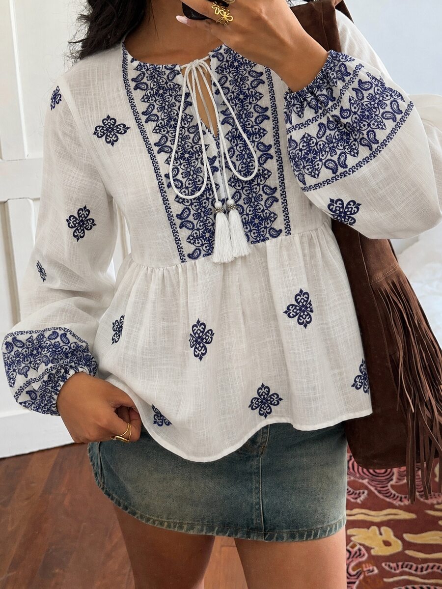 Sunnyshic 女士印花系带流苏灯笼袖休闲度假衬衫,秋冬款 - 淺藍色 - 查看 1