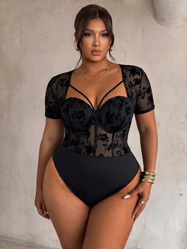 Firerie Plus Size Elegant Commute Sexy Date Music Concert Party Black Flocked Mesh Cupped Cutout Fishbone Bodysuit Black Elegant Lace Bodysuit Party Bodysuit