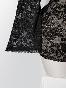 SHEIN ICON 女款大尺碼哥德風深V領鏤空蕾絲飾邊喇叭袖膚色內襯緊身連身褲，黑色，適合萬聖節、雞尾酒會、音樂會，秋季穿搭 - 黑色 - 查看 9