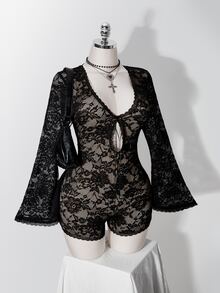SHEIN ICON 女款大尺碼哥德風深V領鏤空蕾絲飾邊喇叭袖膚色內襯緊身連身褲，黑色，適合萬聖節、雞尾酒會、音樂會，秋季穿搭 - 黑色 - 查看 7