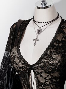 SHEIN ICON 女款大尺碼哥德風深V領鏤空蕾絲飾邊喇叭袖膚色內襯緊身連身褲，黑色，適合萬聖節、雞尾酒會、音樂會，秋季穿搭 - 黑色 - 查看 5