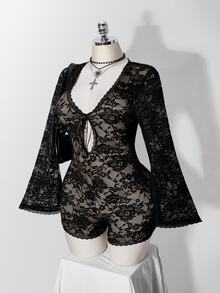 SHEIN ICON 女款大尺碼哥德風深V領鏤空蕾絲飾邊喇叭袖膚色內襯緊身連身褲，黑色，適合萬聖節、雞尾酒會、音樂會，秋季穿搭 - 黑色 - 查看 1