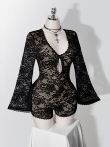 SHEIN ICON 女款大尺碼哥德風深V領鏤空蕾絲飾邊喇叭袖膚色內襯緊身連身褲，黑色，適合萬聖節、雞尾酒會、音樂會，秋季穿搭 - 黑色 - 查看 8