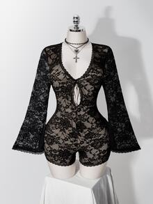 SHEIN ICON 女款大尺碼哥德風深V領鏤空蕾絲飾邊喇叭袖膚色內襯緊身連身褲，黑色，適合萬聖節、雞尾酒會、音樂會，秋季穿搭 - 黑色 - 查看 3