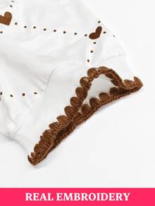 Resyla 女款休閒極簡風愛心對比色圖案貝殼刺繡上衣，舒適圓領花瓣袖短袖T恤，適合日常休閒與度假穿著 - 彩色 - 查看 6