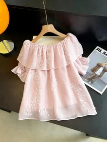 GlowEve CURVE Plus Size Women's Sweet Elegant Sophisticated Style Double Layer Ruffle Floral Embroidered Pleated Off-Shoulder Blouse, Suitable For Office Commute, Daily Shopping, Daily Dating - Pink - View 2