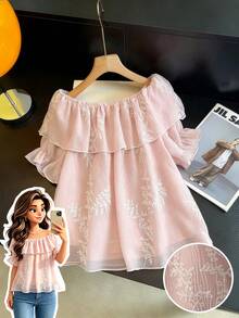 GlowEve CURVE Plus Size Women's Sweet Elegant Sophisticated Style Double Layer Ruffle Floral Embroidered Pleated Off-Shoulder Blouse, Suitable For Office Commute, Daily Shopping, Daily Dating - Pink - View 1