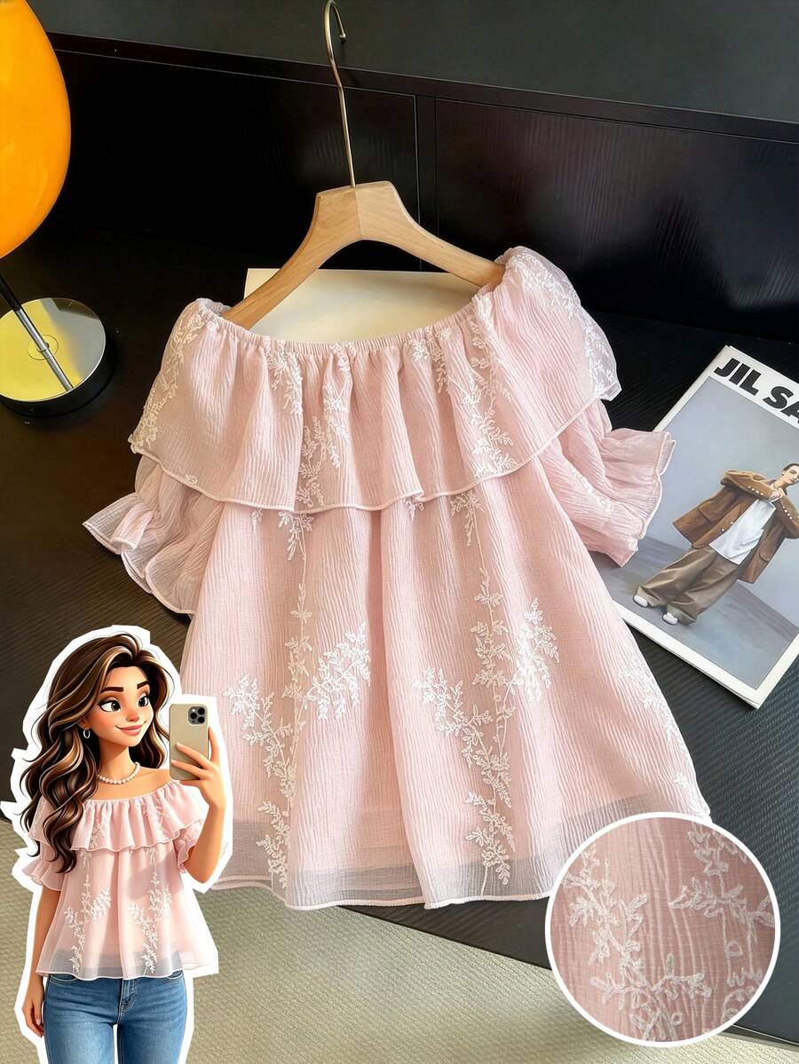 GlowEve CURVE Plus Size Women's Sweet Elegant Sophisticated Style Double Layer Ruffle Floral Embroidered Pleated Off-Shoulder Blouse, Suitable For Office Commute, Daily Shopping, Daily Dating - Pink - View 1