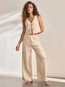 Ocili Women's Casual Tie-Up Pajama Set - Apricot - View 4