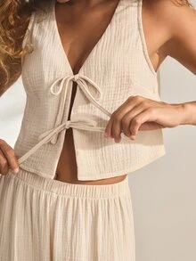 Ocili Women's Casual Tie-Up Pajama Set - Apricot - View 3