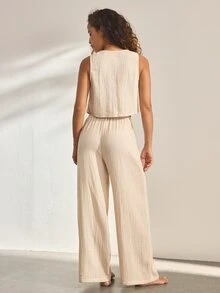 Ocili Women's Casual Tie-Up Pajama Set - Apricot - View 2