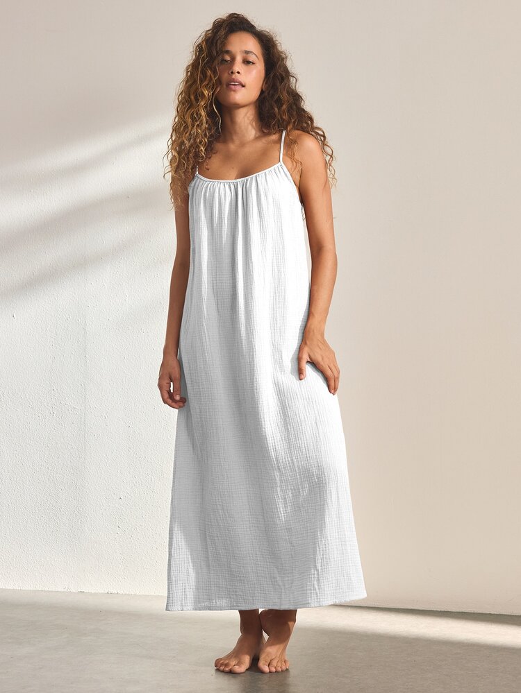 Ocili Women's Solid Color Pleated Loose Cami Casual Loungewear Dress - White - View 4