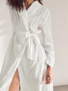 Ocili Women's Solid Color Minimalist Daily Wear Lapel Tie Drawstring Ruched Pure Cotton Embroidered Long Sleeve Loungewear Robe Housecoat - White - View 4