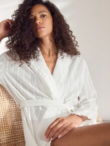 Ocili Women's Solid Color Minimalist Daily Wear Lapel Tie Drawstring Ruched Pure Cotton Embroidered Long Sleeve Loungewear Robe Housecoat - White - View 6