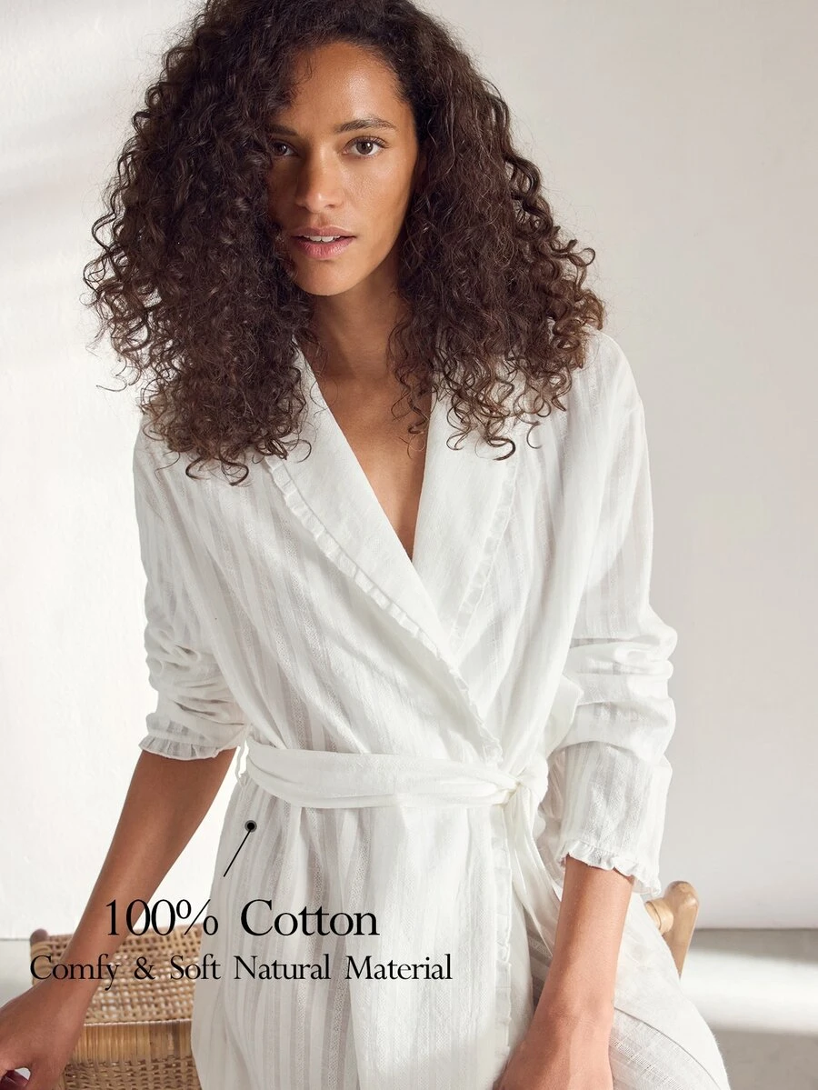 Ocili Women's Solid Color Minimalist Daily Wear Lapel Tie Drawstring Ruched Pure Cotton Embroidered Long Sleeve Loungewear Robe Housecoat - White - View 1