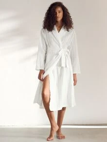 Ocili Women's Solid Color Minimalist Daily Wear Lapel Tie Drawstring Ruched Pure Cotton Embroidered Long Sleeve Loungewear Robe Housecoat - White - View 2