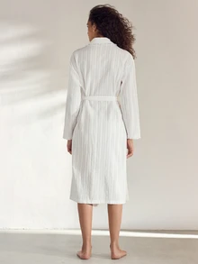 Ocili Women's Solid Color Minimalist Daily Wear Lapel Tie Drawstring Ruched Pure Cotton Embroidered Long Sleeve Loungewear Robe Housecoat - White - View 5
