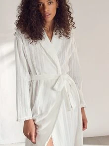 Ocili Women's Solid Color Minimalist Daily Wear Lapel Tie Drawstring Ruched Pure Cotton Embroidered Long Sleeve Loungewear Robe Housecoat - White - View 3