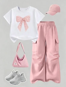 SHEIN 2件組女童T恤與工裝褲套裝，白色T恤搭配粉色工裝褲，蝴蝶結印花設計，時尚設計，寬鬆舒適，適合四季穿著，假日聚會、派對、春夏穿搭 - 彩色 - 查看 2