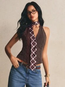 Poéselle Women's Brown Stripe Casual Streetwear Daily Halter Neck Top, Work Going Out Night Out Nightout, Chic, Cute, Y2K Tops, Vintage, Summer - Multicolor - View 5