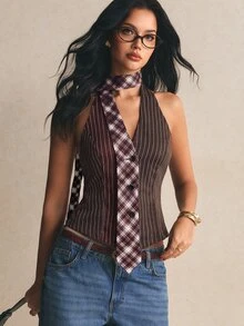 Poéselle Women's Brown Stripe Casual Streetwear Daily Halter Neck Top, Work Going Out Night Out Nightout, Chic, Cute, Y2K Tops, Vintage, Summer - Multicolor - View 4