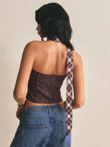 Poéselle Women's Brown Stripe Casual Streetwear Daily Halter Neck Top, Work Going Out Night Out Nightout, Chic, Cute, Y2K Tops, Vintage, Summer - Multicolor - View 9
