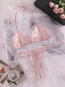SHEIN MOD 女士蝴蝶结吊带性感内衣套装 - 咖啡棕 - 查看 1