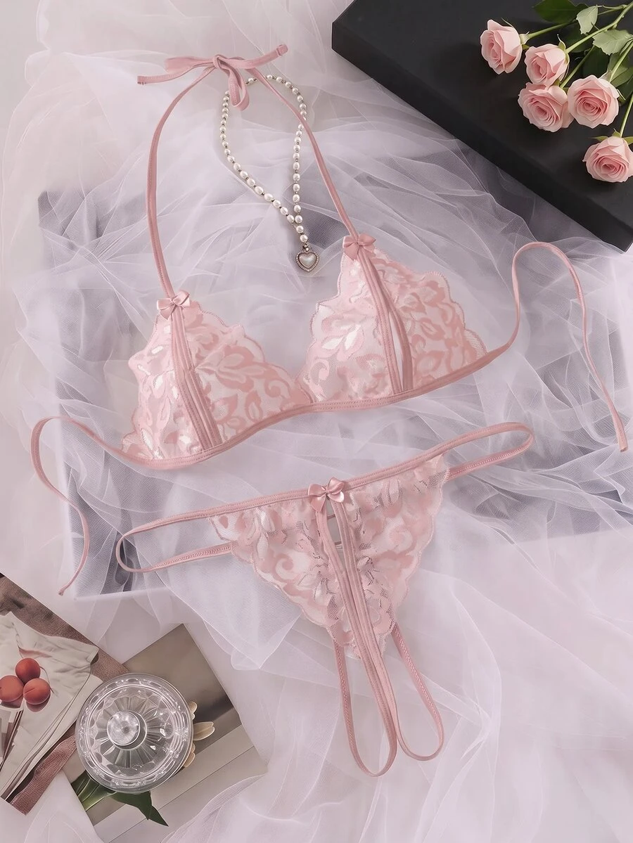 SHEIN MOD 女士蝴蝶结吊带性感内衣套装 - 咖啡棕 - 查看 1