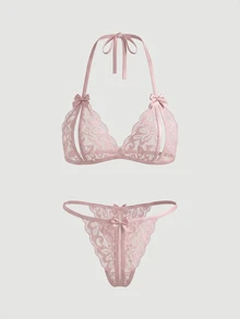 SHEIN MOD 女士蝴蝶结吊带性感内衣套装 - 咖啡棕 - 查看 2