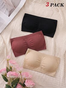 SHEIN MOD 3 件套女士纯色褶皱抹胸文胸套装 - 彩色 - 查看 2